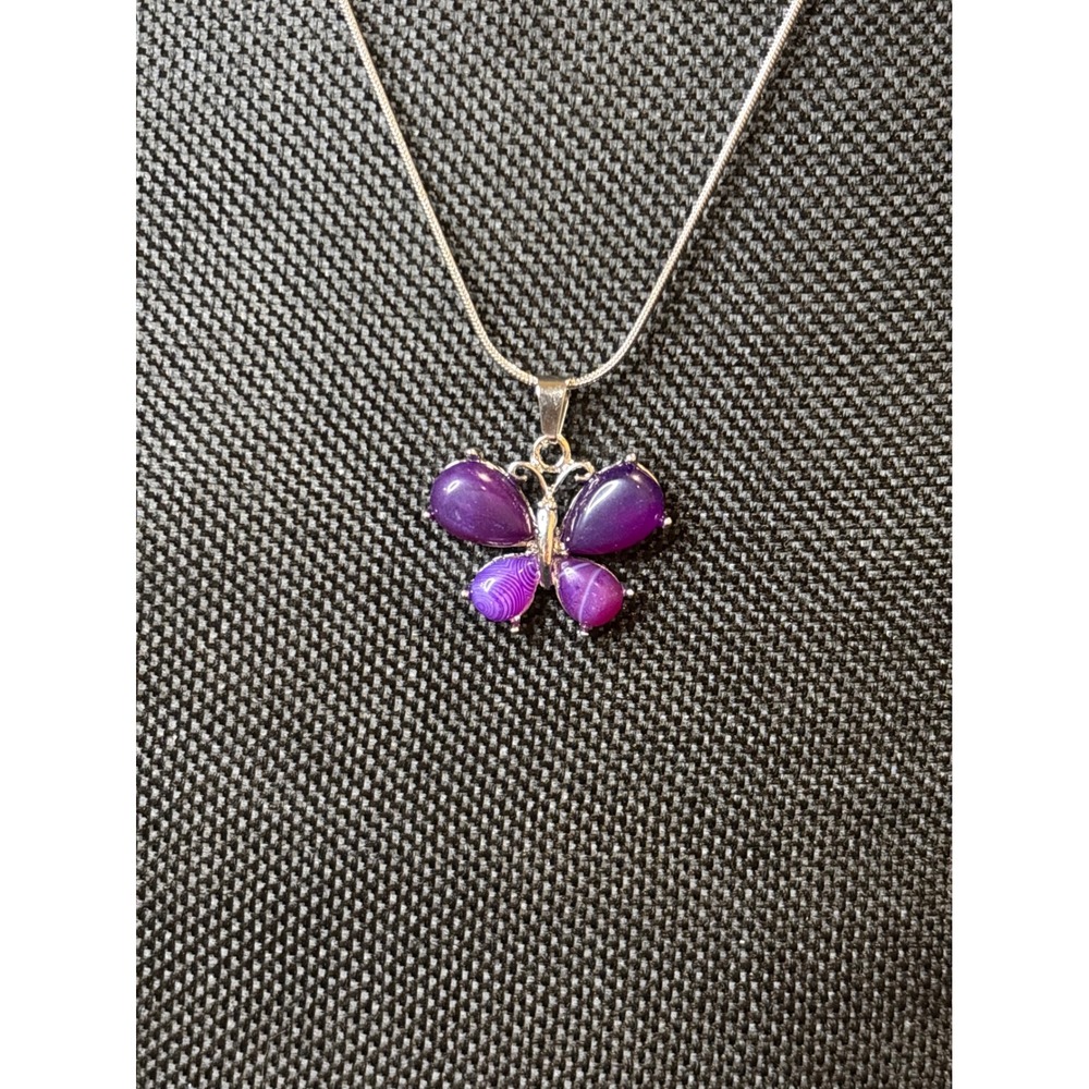 Purple Agate Butterfly Pendant Necklace Stainless Steel Snake Chain Silver Tone